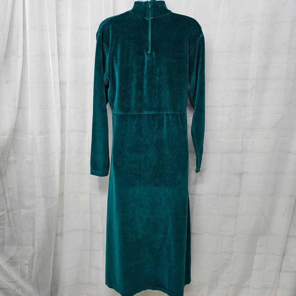 Vintage Erika Dress Maxi Velvet Green Mock Neck Goth Grunge Retro Minimalist M - Picture 5 of 11